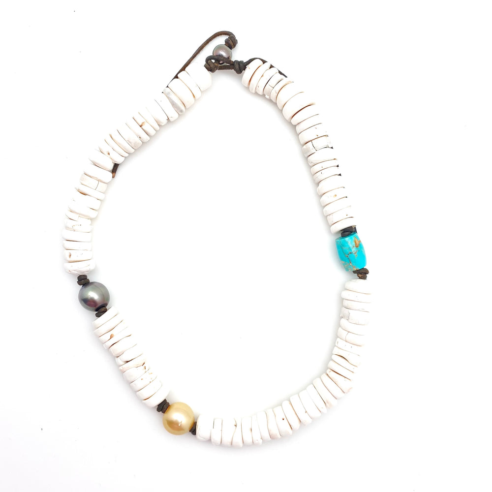 Large Puka Shells & Pearls on leather necklace